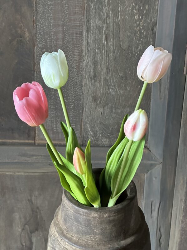 Real Touch Tulpen Roze/Wit Bosje Van 5